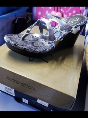 Thalia Sodi Metallic Silver Snake-Print Wedge Sandals